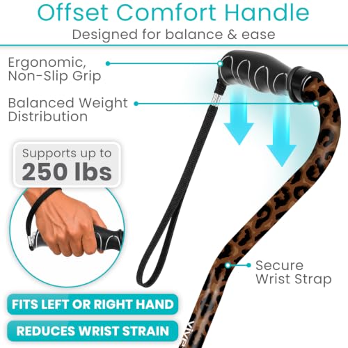Vive Walking Cane for Women, Men, Elderly - Patented Offset Grip - Lightweight Adjustable Walking Aid with a Non-Slip Tip - Sturdy Balancing Mobility Aid for Seniors - color: Leopard