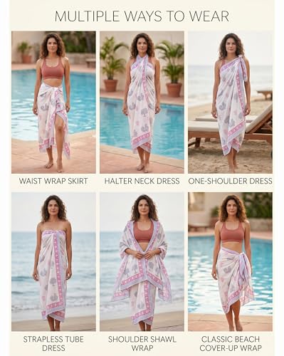 Beach Cover Ups for Women, Cotton Sarong Wrap Pareo | 100% Cotton Sarong Wraps For Women, 73 x 44 In. Pareo Beach Wrap, Bikini Cover Up, Bathing Suit Cover Up, Resort Wear - color: Pink Block