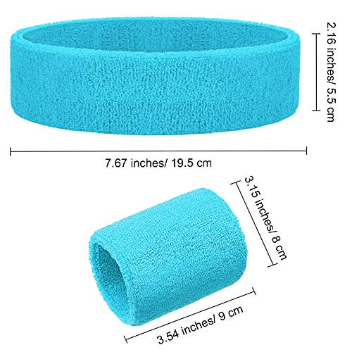 Bememo 6 Pcs Neon Sports Sweatbands Set Sports Competitions Sweatbands 2 Headband 4 Wristbands Breathable Terry Cloth Athletic Bands for Team Soccer Spirit 80s Costumes Cosplay - color: Neon Blue