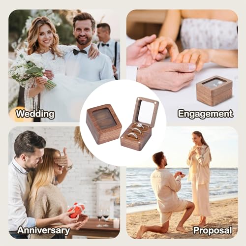 Walnut Ring Box 3 Slot - Clear Acrylic Window Display, Magnetic Closure Keepsake Jewelry Holder for Wedding Proposal Engagement Ceremony Anniversary Birthday Gift - color: A-Brown