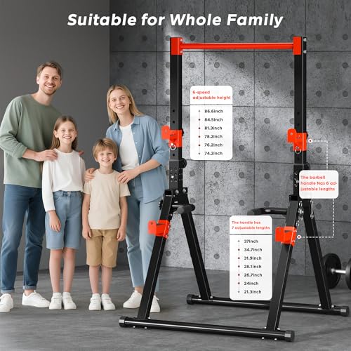 SogesHome Foldable Power Tower Dip Stand Pull Up Bar for Home Gym Exercise | Height Adjustable Multifunction Fitness Workout Station with Triangular Stability Design for Strength Training, Space Saving - color: Black Red
