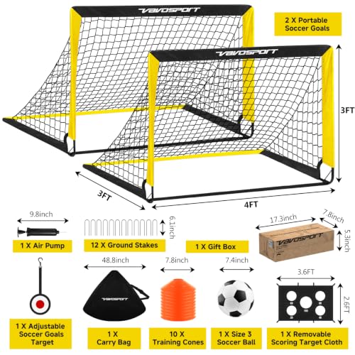 2 Pack Kids Soccer Goals for Backyard Set, 4x3 ft Portable Pop Up Soccer Goal, Kids Soccer Net Training Equipment with Soccer Target, Ball, Cones, for Ages 3-12 Outdoor Sports Games Gifts - color: Black Yellow