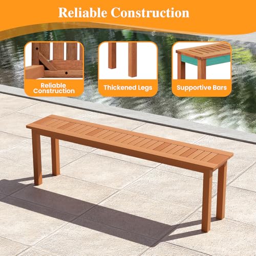 Tangkula Outdoor Wood Bench, 59” Long Patio Dining Bench, Backless Wooden Bench with Teak Oil Finish & Slat Seat, Accent Entryway Bench, Farmhouse Bench for Yard, Garden, Porch, Indoors - size: 59"