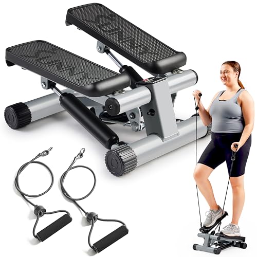 Sunny Health & Fitness Mini Stair Stepper w/Resistance Bands for Home Gym | Full Body Cardio, Adjustable Step Height, Hydraulic Resistance, LCD Meter, No Assembly, 300 lb Capacity, SunnyFit App - color: Grey