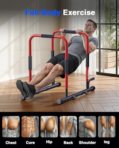 2-in-1 Dip Bar Station - Dip Bars & Push Up Bars Calisthenics Equipment with 420LB Bolt Washer Stable Design Dual Inner Connectors Portable Adjustable for Home Gym Strength Training - color: Red