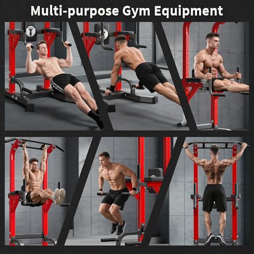 SogesHome Power Tower Pull Up Bar Dip Station for Home Gym 330LB Capacity | Adjustable Height 65.7"-87" Exercise Workout Machine with Comfort Pads & Anti-Slip Grips for Full Body Strength Training - color: Red
