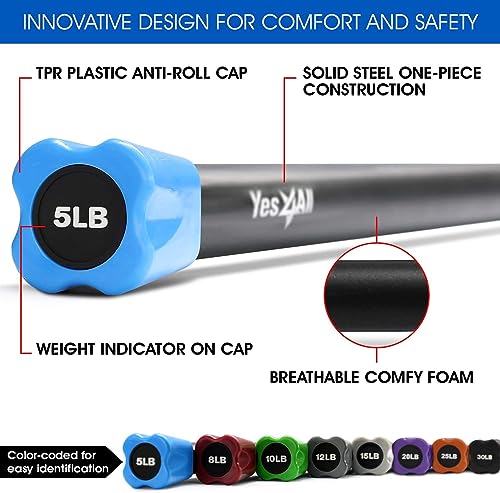Yes4All Total Body Workout Weighted Bar, Resistance Band Bar, Racks for Strength Training, Exercise Bar for Yoga in Home and Gym - Single/Combo - color: Color-Coded, style: 5lbs Weighted Workout Bar