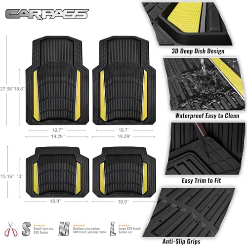 CAR PASS Heavy Duty Rubber Car Floor Mats, Deep Waterproof Car Floor Mats All Weather, Aluminum Film Floor Mats for Cars Non-Slip Universal Trim to Fit for SUV Trucks Sedans Vans,Black Yellow Metallic - color: Black Yellow