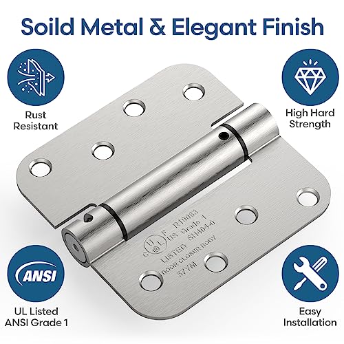 2 Pack 4 Inch Self Closing Door Hinges, Satin Nickel | Spring loaded; adjustable tension; 5/8" radius corners; UL listed; for front and back doors; left or right hand swing - color: Satin Nickel, size: 4" (2 Pack)