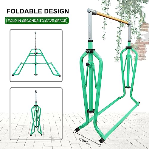 Foldable & Moveable Gymnastics Horizontal Bar with Rings,3’to 5’Adjustable Height Expandable Junior Kip Bar for Home,Indoor Gym Equipment for Kids - style: Green with MAT