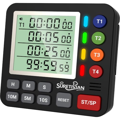 Digital Kitchen Timer with 4 Channel, Loud Alarm and Silent Mode | Magnetic Cooking Timer with Count Up & Countdown for Kids and Seniors, Large Display to Read, Auto Memory, Battery Included - color: Black