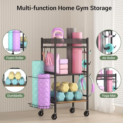 Dumbbell Rack Stand Only, Home Weight Rack for Dumbbells Kettlebells Yoga Mat, Home Gym Storage Rack with Wheels and Hooks, Space Saving Workout Equipment Organizer. ﻿