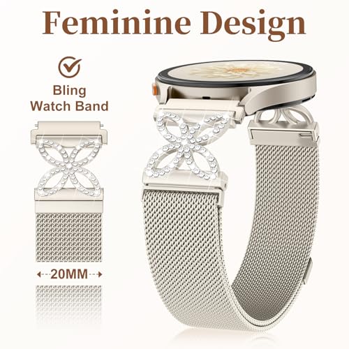 Getino Magnetic Metal Band Compatible with Galaxy Watch 7 Band 6 5 4 FE Active 2 40mm 44mm/Galaxy Watch 5 pro 45mm/Classic, 20mm Floral Dressy Strap for Samsung Watch Bands Women Milanese Mesh Loop - color: Bling Starlight