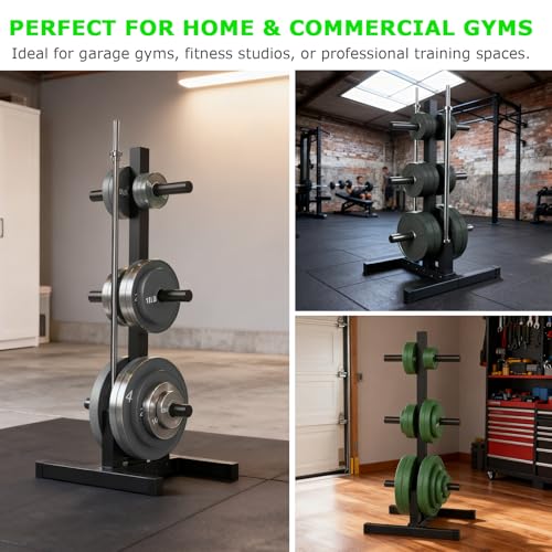 Olympic Weight Plate Rack, 6 Pegs & 2 Barbells for Bumper Plate Storage, Olympic Weight Plate Tree - Heavy Duty Bumper Plate Rack Holds 300 lbs