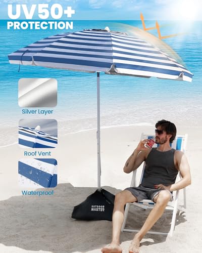 OutdoorMaster 7.2ft Beach Umbrellas for Sand with Sandbag & Anchor | 7.2ft Adjustable Umbrella for Beach, Wind Resistant, Portable UPF50+ Sunshade with Carry Bag for Patio - color: A-Gray Striped