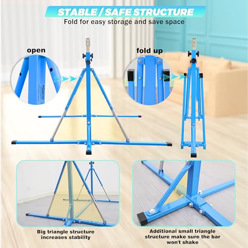 FC FUNCHEER Foldable Gymnastics Bar,5FT Horizontal bar,Adjustable Kids Training bar for Kids Ages 3-15,Kids Gymnastics bar,Triangle Stable Structure-Gym Equipment for Home - color: Blue, style: Bar-Swing-Rings