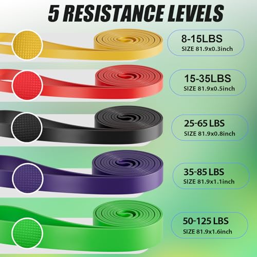 WHATAFIT Resistance Bands, Pull Up Assist Bands with Handles, Door Anchor | Natural Latex Rubber, Progressive Tension, Exercise Loop for Full-Body Fitness, Portable Gym Bag, Warm-Up & Stretch - color: 5-125LBS COLORFUL+GRIP