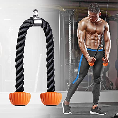 SELEWARE Rotating Straight Bar, Tricep Rope, Double D Row Handle, Rotating V Handle, Cable Machine Attachment with Non-Slip Soft Rubber Grip, Universal Attachment for Cable Machines - color: Orange Rubber Tricep Rope - 28inch