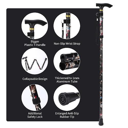 Walking Cane, Folding Cane for Man & Women, Portable Lightweight | 5-Level Adjustable Height, Collapsible Cane for Seniors Balancing Mobility Aid - color: Black Flowers