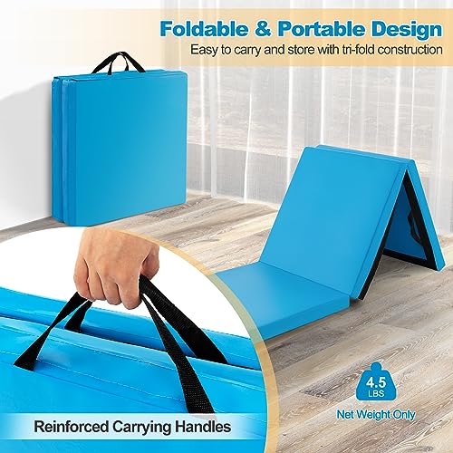 Goplus Folding Gymnastics Mat, 6’ x 2’ x 2’’ Thick Tri-Fold Exercise Tumbling Mat w/Carrying Handles, Hook & Loop Fastener, Gym mats for Home Fitness Yoga Aerobics Workouts Martial Arts - color: Blue