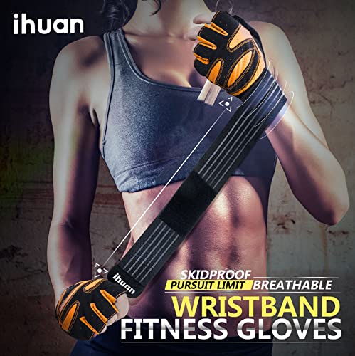 ihuan Ventilated Weight Lifting Gym Workout Gloves with Wrist Wrap Support for Men & Women, Full Palm Protection, for Weightlifting, Training, Fitness, Hanging, Pull ups - color: Orange, size: Small
