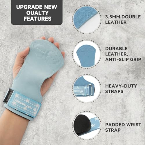 MANUEKLEAR Gym Straps Weight Lifting, Double Leather Lifting Straps for Men Deadlift with Cushion Wrist Loop, Gym Lifting Wrist Wraps for Weightlifting - color: One Size - Blue