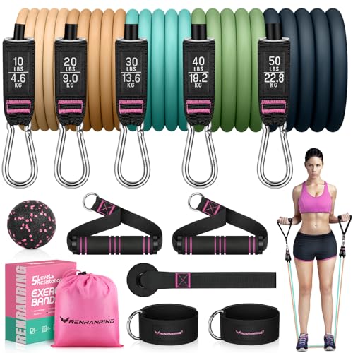 RENRANRING Resistance Bands for Working Out, 150LBS Exercise Bands, Workout Bands, Resistance Bands Set with Handles for Men Women, Legs Ankle Straps - color: ‎Light yellow, Khaki, Blue, Green, Navy blue, size: 51.0 inch