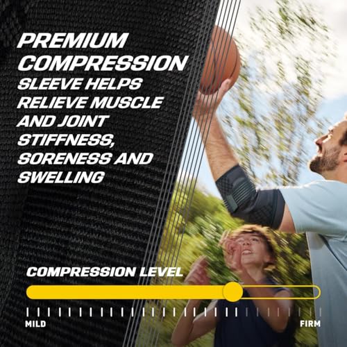 FUTURO Premium Compression Elbow Sleeve, with Wrap-Around Strap and Two Gel Pressure Pads, for Mild Tendonitis, Golfer’s Elbow, Tennis Elbow, Swelling, Sprains, and Strains, S/M - size: Small/Medium