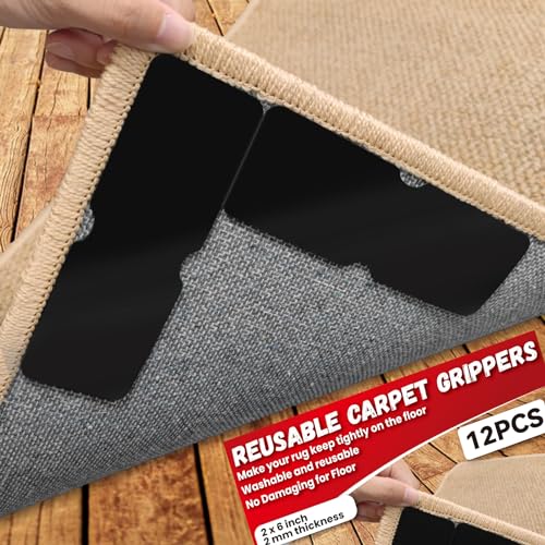Rug Carpet Non Slip Grippers, Reusable Rug Tape Pads, No Damaging for Hardwood Floors, Strong Hold Carpet Corner Stickers for Area Rugs Flat, Removable, 8Pcs