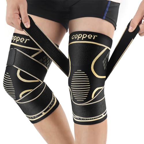 Copper Knee Braces with Strap for Knee Pain Women and Men(2 Pack), Knee Compression Sleeve for Arthritis, ACL, Meniscus Tear, Joint Pain Relief, Knee Support for Working, Running, Weightlifting(S) - size: Small