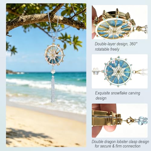 Nautical Ship Wheel Snowflake Crystal Car Charm, 24K Gold Plated Rearview Mirror Hanging Ornament with AB Crystal Tassel, Luxury Winter Car Interior Gift for Women (Ferris Wheel 3)