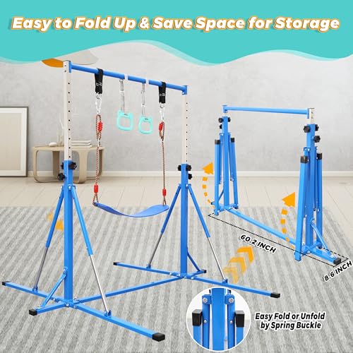 FC FUNCHEER Foldable Gymnastics Bar,5FT Horizontal bar,Adjustable Kids Training bar for Kids Ages 3-15,Kids Gymnastics bar,Triangle Stable Structure-Gym Equipment for Home - color: Blue, style: Bar-Swing-Rings