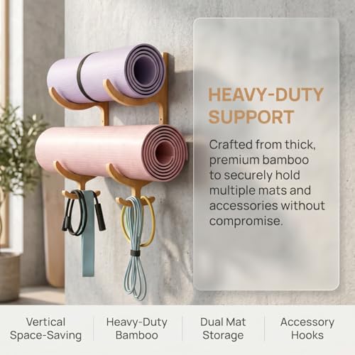 Wooden Yoga Mat Holder Wall Mount with 4 Hooks | Yoga Mat Storage Rack for Home Gym, Resistance Band and Jump Rope Organizer for Foam Roller, Fitness Equipment Storage