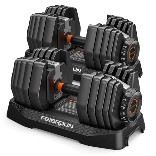 FEIERDUN DB1 QuickDial Adjustable Dumbbell Set, 15-in-1 Adjustable Weights with Storage Box & App, 105lb/52.5lb Quick Change for Drop Set, Superset & HIIT Home Gym, Non-Slip Handles, 3-year Aftersale Service