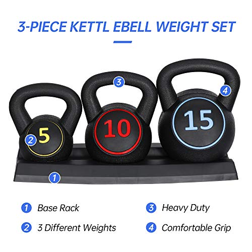 JupiterForce 3-Piece Kettlebell Set, 5lb 10lb 15lb Cast Iron Kettlebells with Storage Rack, Anti-Slip Grip, Flat Bottom for Home Gym Strength Training & Full Body Workout