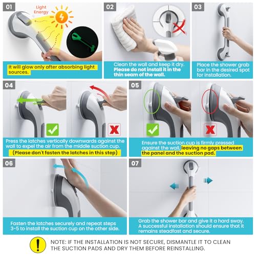 TAILI Shower Grab Bar Glow in The Dark, 2 Pack 16.8 in Grab Bars for Bathtubs and Showers,Shower Handles Rails for Seniors and Elderly,Bathroom Safety Grip Removable No Drilling Waterproof Grey,G9 - color: Grey& Glow Green, size: 16.8"