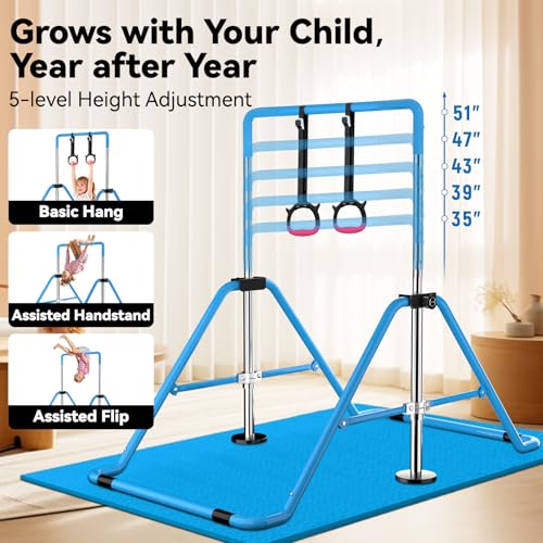 WATBKHE Gymnastics Bar Adjustable & Foldable Training Kip Bar with Rings and Mats, Sturdy Gymnastics Horizontal Bar, Gymnastics Equipment for Home Practice, Blue