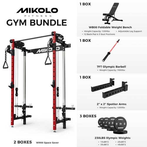Mikolo Folding Squat Rack, Wall Mounted Power Rack with Cable Crossover Machine & LAT Pull Down, Functional Trainer with 5 Adjustable Function Modes, Home Gym Package - color: Red, size: WR00 Package (BP 230LB & Bar & Bench)