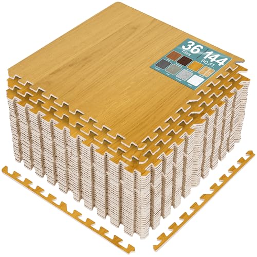 Sorbus 144 Sq. Ft. Wood Grain Floor Tiles Foam Mat EVA Interlocking Mats Tile 3/8-Inch Thick Flooring Wood Puzzle Exercise Mats w/Borders - Home Playroom Basement, Apartment, Trade Show, Baby, Dance - color: Light Grain, size: 36 Pack