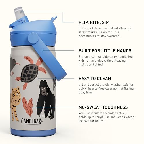 CamelBak Thrive Flip Straw Kids Insulated Stainless Steel Water Bottle with Bite Valve, Spill Resistant Easy Sip Design for School and Play, 12oz, Protect Our Pals - color: Protect Our Pals