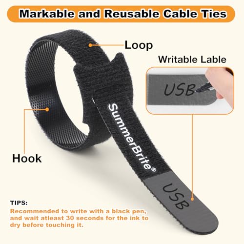 SummerBrite 70 Pack Black Cable Ties 8 Inch with Writable Labels, Reusable Cord Organizer Straps, Hook & Loop Wire Management for Extension Cords, Garage Tools, Power Strips & Heavy Duty - color: Black, size: 8IN