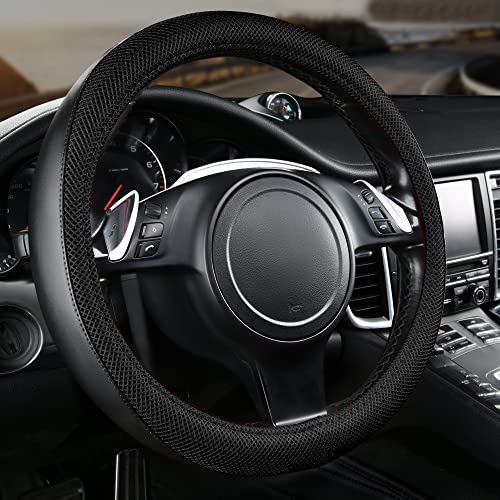 CAR PASS 3D Air Mesh Car Seat Covers Full Sets w/5mm Sponge, 4Pcs Waterproof Car Floor Mats, Steering Wheel Cover Universal Fit for SUV Sedan Truck, Airbag Compatible Automotive Interior(Black) - color: Black combo