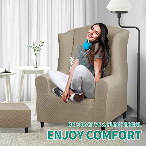 YEMYHOM 1 Piece Stretch Wingback Chair Slipcover Latest Jacquard Design Wing Chair Cover Non Slip Furniture Protector with Foam Rods for Living Room (Wing Chair, Khaki) - color: Khaki, size: 1 Pack - Wing Chair