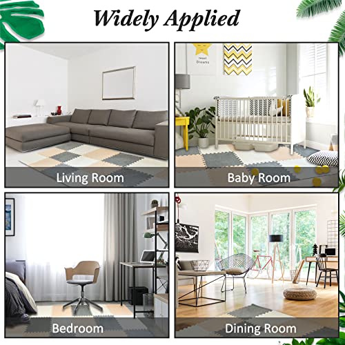 Amylove 72 Pieces Plush Foam Floor Mat Square Interlocking Carpet Tiles with Border 12 x 12 x 0.4 in Fluffy Play Mat Floor Tiles Soft Climbing Area Rugs for Home Playroom(White, Gray, Beige) - color: White, Gray, Beige