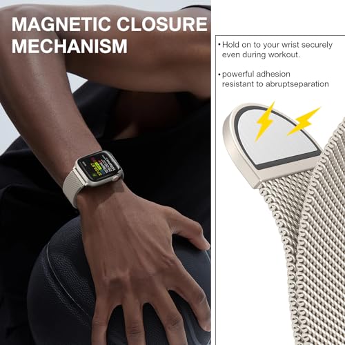 Stainless Steel Milanese Loop Compatible with Apple Watch Bands 46mm 44mm 45mm 49mm men and women, Magnetic Clasp Replacement for iWatch Ultra Series 11 10 9 8 7 SE 6 5 4 3 2 1 - color: Starlight, size: 44/45/46/49mm