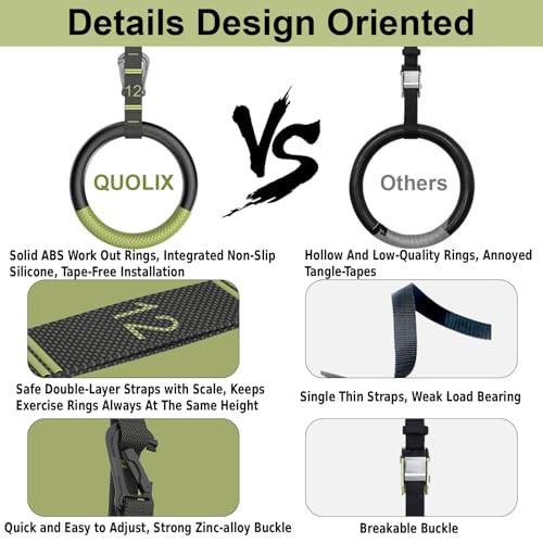 QUOLIX Gymnastic Rings with Adjustable Straps, Non-Slip Pull Up Rings with Straps, 1300lbs Exercise Rings with Straps for Home, Gymnastics Rings for Home Gym, Workout, Exercise, Training, Calisthenic - color: AppleGreen