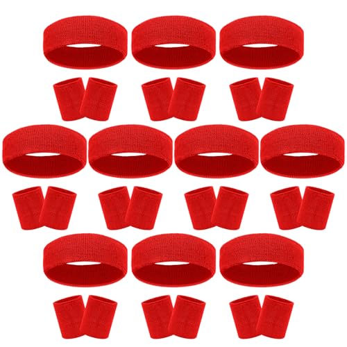 30 Pcs Sweatbands Wristbands Set Absorbent Terry Cloth Headbands Wristbands Neon Color Striped 80s Athletic Sweatbands for Sports Gym Exercise - color: red-1