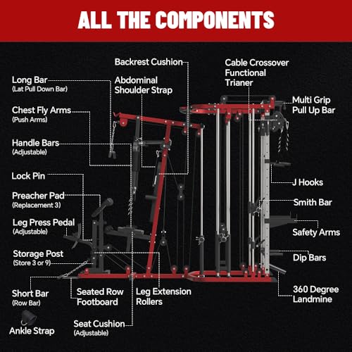 All in One Home Gym System Workout Station, Multi-Function Smithe Machine Power Cage with Cable Crossover System, Tripe-Sided Independent Load Posts, Functional Trainer for Full Body Training - color: Red, style: Home Gym Station with Weight Bench (9001)