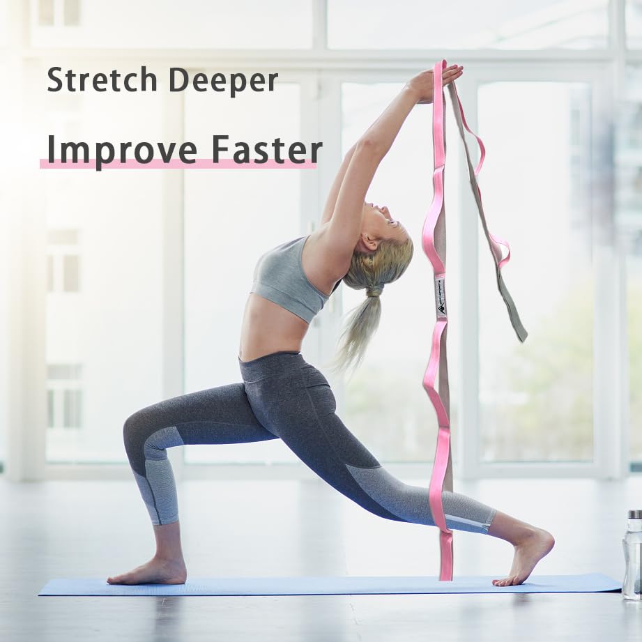 Stretching Strap Yoga Strap with Loops, Stretch Straps for Physical Therapy, Non-Elastic Exercise Strap for Pilates, Dance and Gymnastics with Workout Guide - color: Blue/Light Blue+Pink/Light Gray