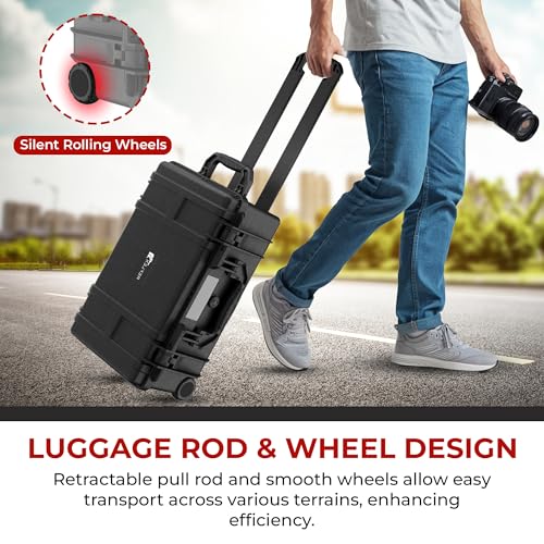 Reflex Camera Large Protective Rolling Hard Camera Case suitable for Drones, Lens, DSLR & Guns. Smooth Rolling Wheels, Waterproof IP67, Shockproof with Adjustable Compartments Dividers - style: Rolling Hard Case With Adjustable Compartments